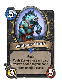 Wildpaw Gnoll<br>Old: 4 Attack, 5 Health →&nbsp;<strong>New: 3 Attack, 5 Health</strong><br><em>"It didn’t feel right for us to hit the other popular classes without taking a small amount of power out of Rogue. Wildpaw Gnoll has been a tricky card for us to get right, but we’re optimistic that the latest change to it will leave both the card and the class in the right place.</em>"