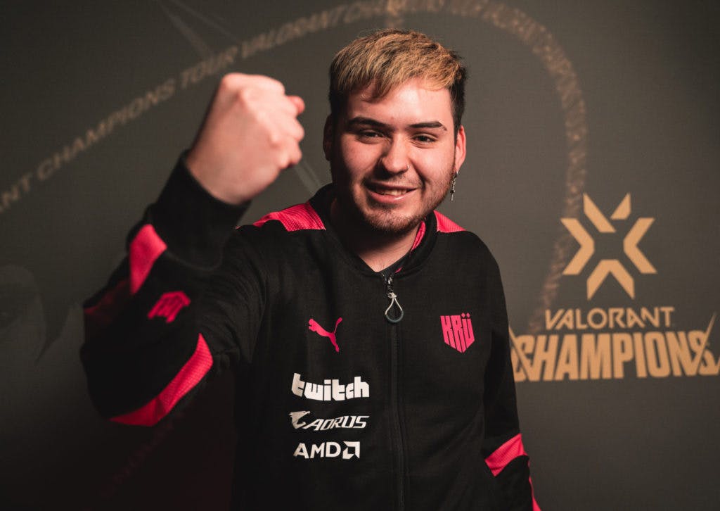 POTSDAM, GERMANY - DECEMBER 9: Angelo "keznit" Mori of KRU Esports poses in the press room at the VALORANT Champions Groups Stage on December 9, 2021 in Potsdam, Germany. (Photo by Jianhua Chen/Riot Games)