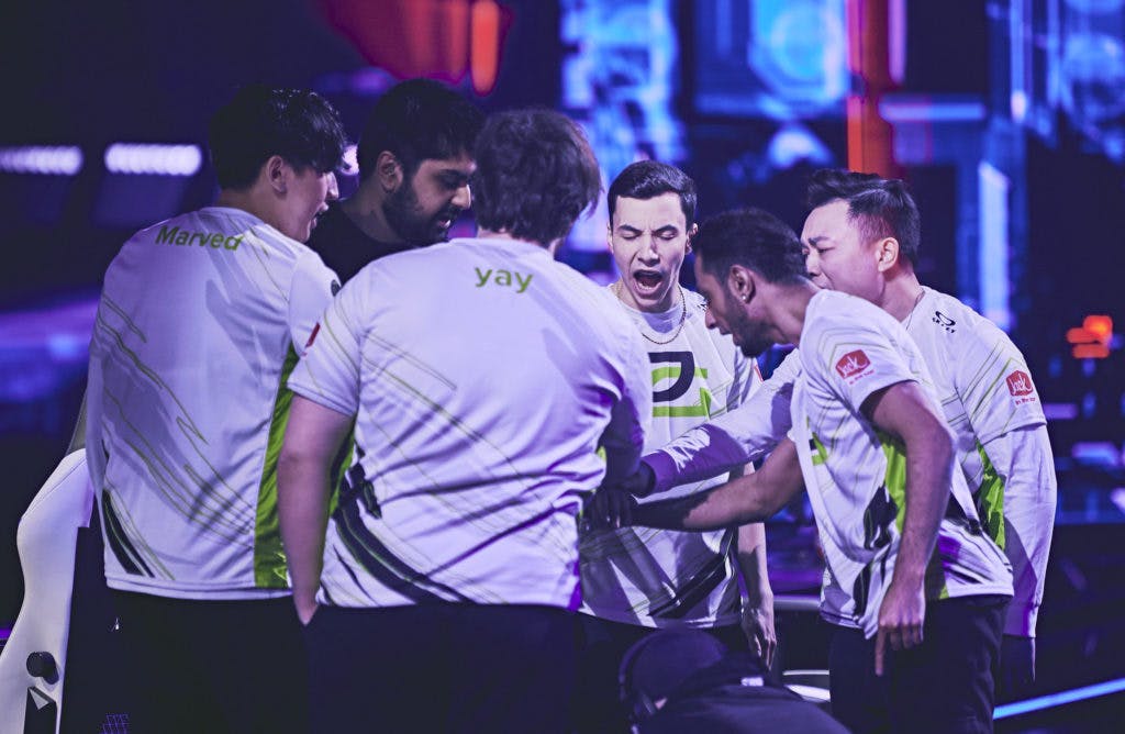 REYKJAVIK, ICELAND - APRIL 24: Team OpTic Gaming huddles onstage at the start of the match at the VALORANT Masters Finals on April 24, 2022 in Reykjavik, Iceland. (Photo by Lance Skundrich/Riot Games)<br>