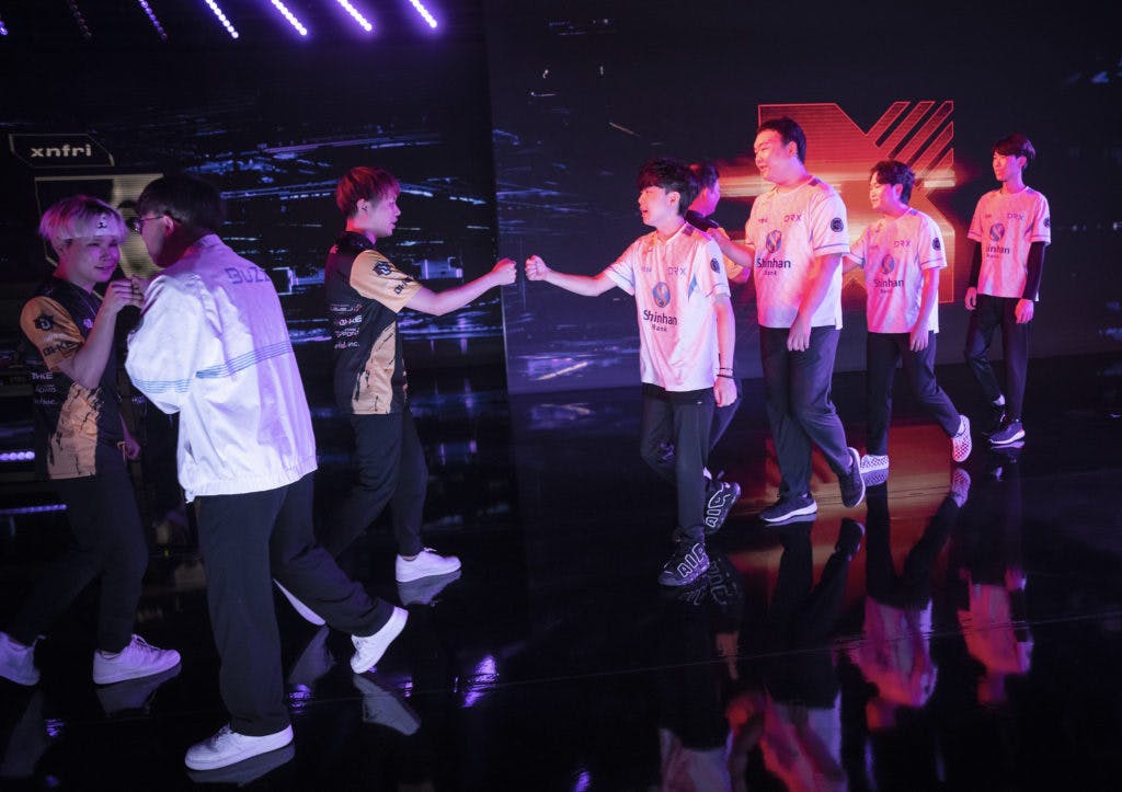 COPENHAGEN, DENMARK - JULY 10: Teams Northeption and DRX greet onstage after their match at the VALORANT Champions Tour: Stage 2 Masters Group Stage on July 10, 2022 in Copenhagen, Denmark. (Photo by Colin Young-Wolff/Riot Games)<br>