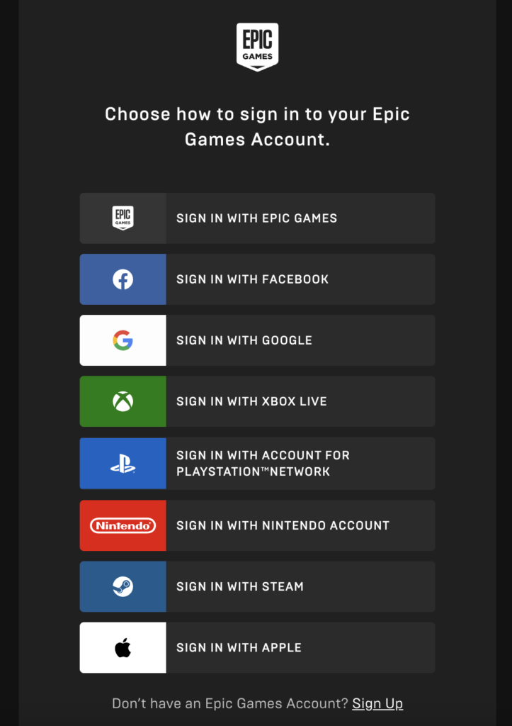 Sign in on Epic Games