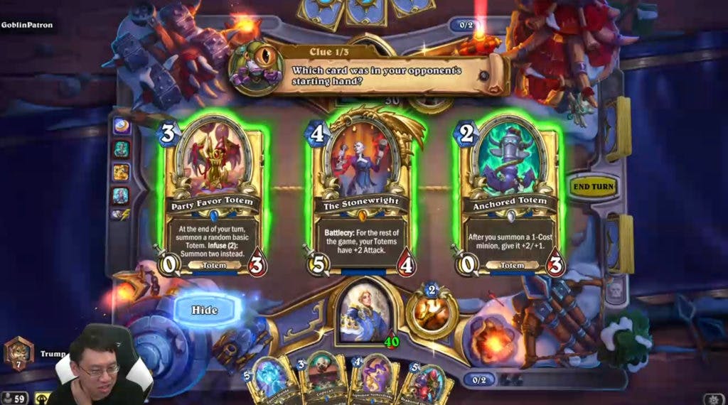 Trump played Murloc Holmes and guessed all the cards correctly. Image via Trump and Blizzard Entertainment.