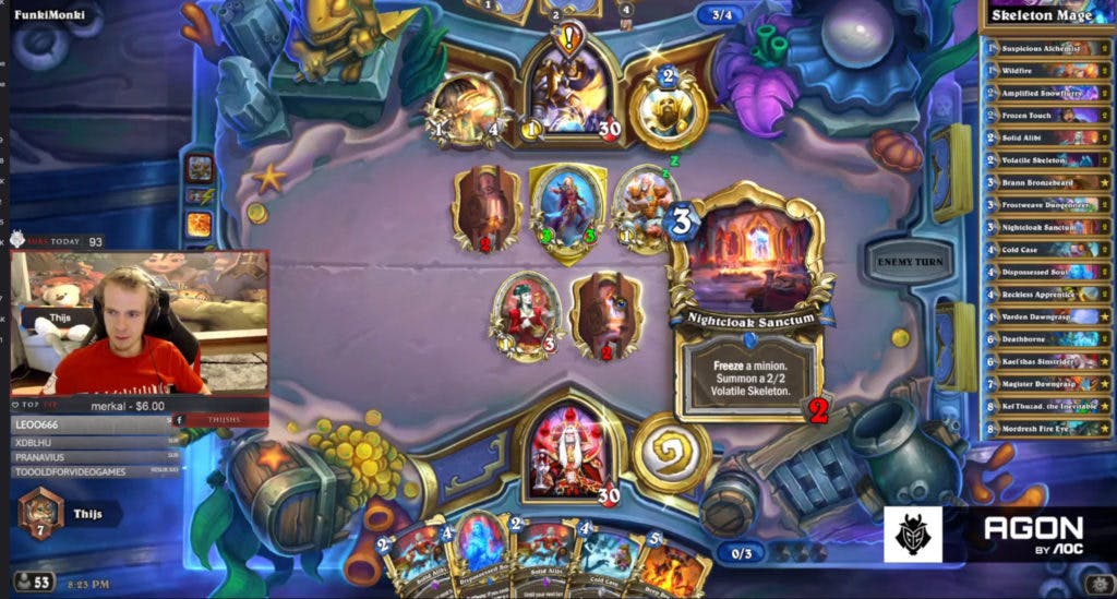 Thijs playing Skeleton Mage and showcasing the Nightcloak Sanctum card. Image via Thijs and Blizzard Entertainment.