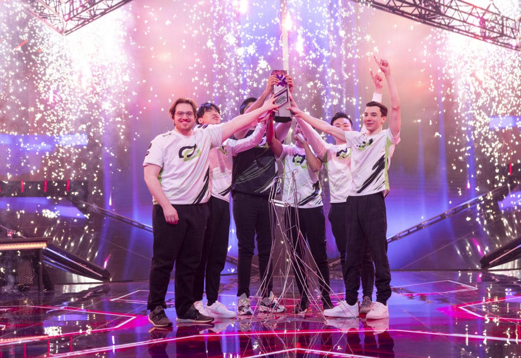 <em>OpTic Gaming lifting VCT Masters 1 trophy. Image courtesy of Colin Young-Wolff/Riot Games</em>
