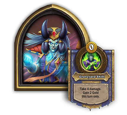 Lich Baz’hial<br>Old: Take 2 damage and add a Gold coin to your hand. → <strong>New: Take 4 damage. Gain 2 Gold this turn only.</strong>