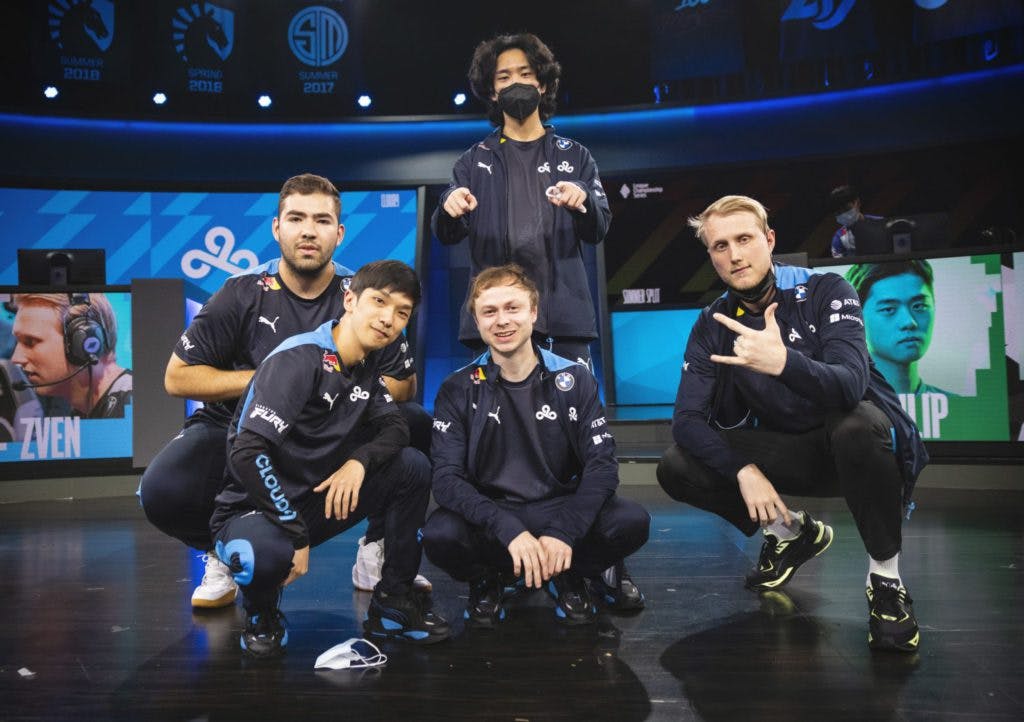 <em>C9 celebrating tiebreaker win over FlyQuest. Photo by: Colin Young-Wolff/Riot Games via ESPAT</em>