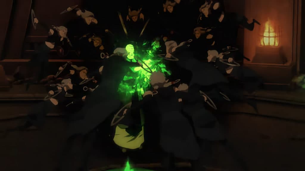 Fymryn's illusions attacking Father who has been possessed by Terrorblade.