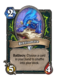 Bibliomite<br>Old: 4 Attack, 4 Health → <strong>New: 5 Attack, 4 Health</strong>