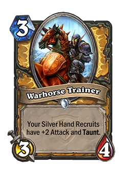 Warhorse Trainer<br>Old: Your Silver Hand Recruits Have +1 Attack. → <strong>New: Your Silver Hand Recruits have +2 Attack and Taunt.</strong>