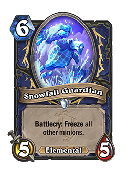 Snowfall Guardian<br>Old: 3 Attack, 3 Health. Battlecry: Freeze all other minions. Gain +1/+1 for each Frozen minion. → <strong>New: 5 Attack, 5 Health. Battlecry: Freeze all other minions.</strong>