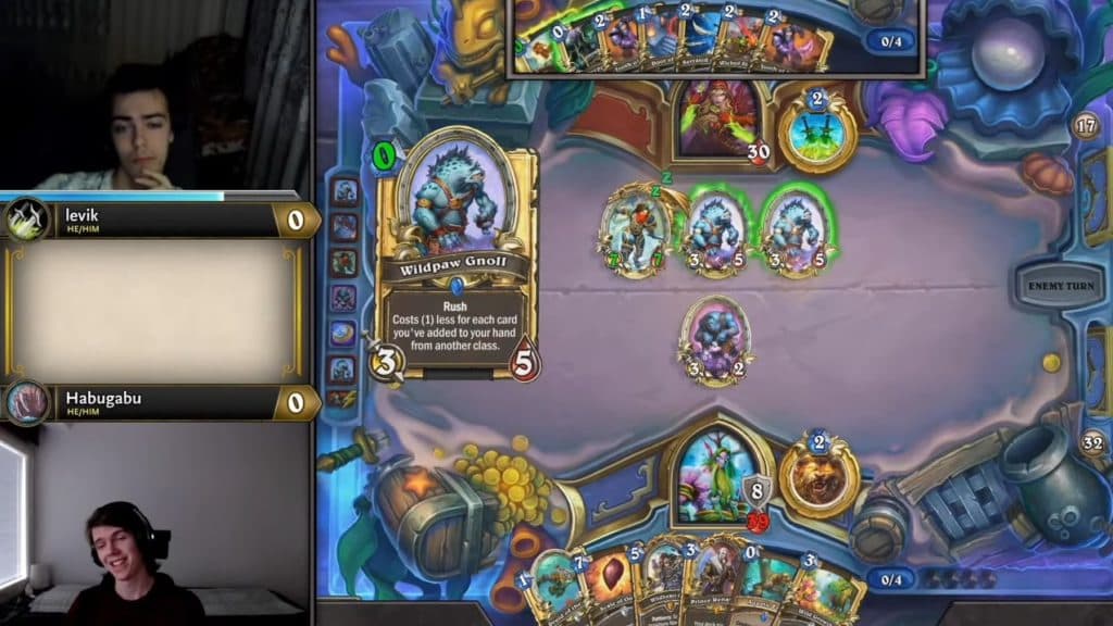 Levik versus Habugabu during <a href="https://esports.gg/news/hearthstone/hearthstone-grandmasters-last-dance-last-call-playoffs-watch-who-qualifies-for-worlds-and-win-free-packs/">Hearthstone Grandmasters Last Call</a> Week 3. Image via Blizzard Entertainment.