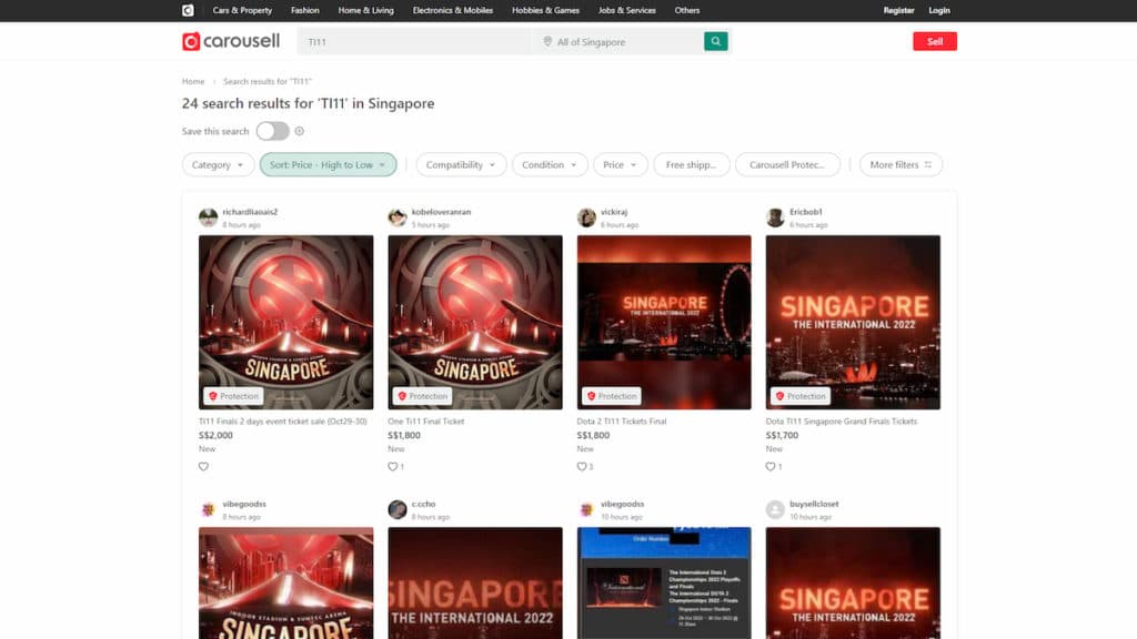 Carousell Singapore with TI11 ticket listings at over S$1000