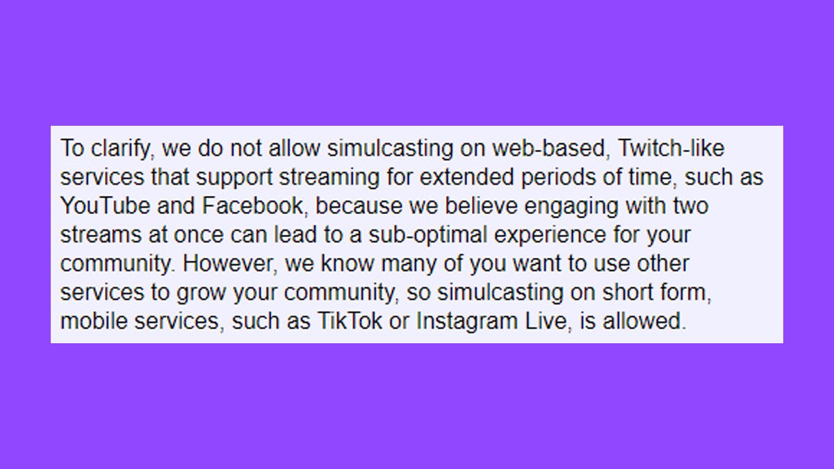 Twitch stated that simulcasting on "Twitch-like" services is not allowed (Image via Esports.gg).