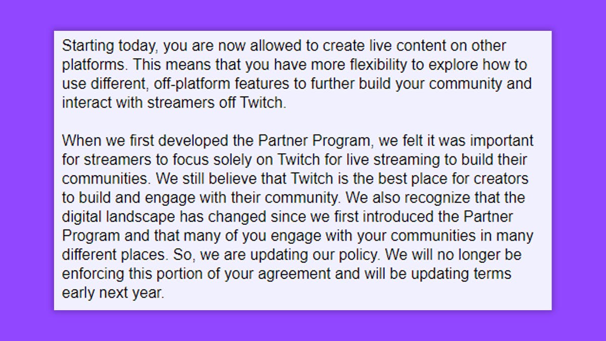 Twitch announced the removal of their exclusivity clause via email to their partners (Image via Esports.gg).