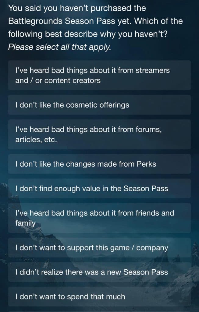 Battlegrounds Tavern Pass Survey - <a href="https://twitter.com/G2Rdu/status/1569662416312582151/photo/1" target="_blank" rel="noreferrer noopener nofollow">Image via RDU</a>
