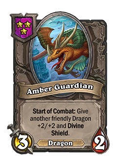 Amber Guardian - Image via Blizzard<br>Old: Start of Combat: Give another friendly Dragon +3/+3 and Divine Shield.<br><strong>New: Start of Combat: Give another friendly Dragon +2/+2 and Divine Shield</strong>