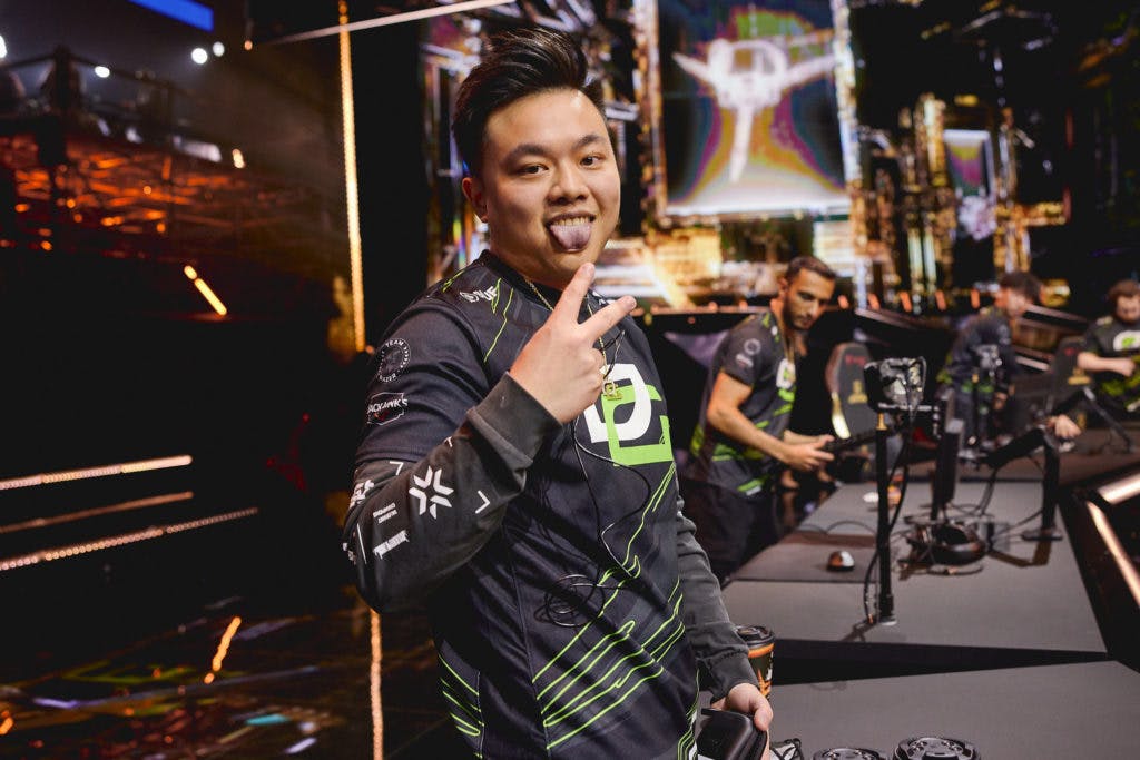 Victor "Victor" Wong of OpTic Gaming reacts with excitement onstage after victory against DRX at the VALORANT Champions 2022 Istanbul Lower Finals Stage on September 17, 2022 in Istanbul, Turkey. (Photo by <a href="https://www.flickr.com/photos/valorantesports/" target="_blank" rel="noreferrer noopener nofollow">Lance Skundrich/Riot Games</a>)