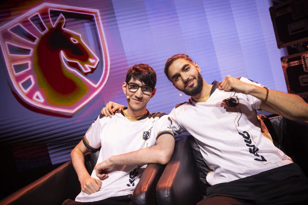 Nabil "Nivera" Benrlitom (L) and Adil "ScreaM" Benrlitom of Team Liquid pose at VALORANT Champions 2022 Istanbul Groups Stage on August 31, 2022 in Istanbul, Turkey. (Photo by Colin Young-Wolff/Riot Games)