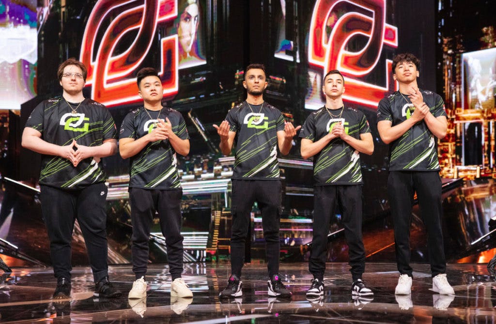 <em>OpTic Gaming poses onstage at VALORANT Champions 2022. Photo by Colin Young-Wolff/Riot Games</em>