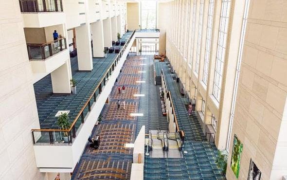 The lobby area of the Raleigh Convention Center.