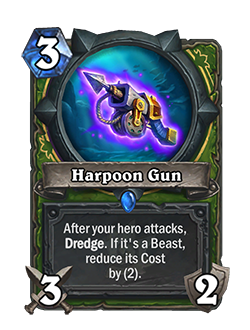 Harpoon Gun<br>Old: After your hero attacks, Dredge. If it’s a Beast, reduce its cost by (3).<br><strong>New: After your hero attacks, Dredge. It it’s a Beast, reduce its cost by (2).</strong><br>Image via Blizzard