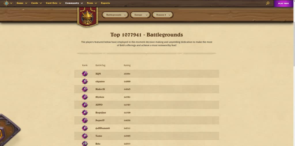 Hearthstone Battlegrounds leaderboards