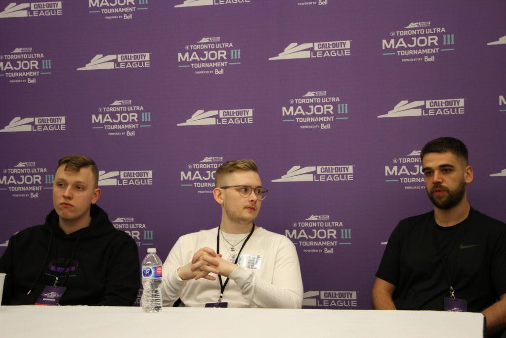 Insight (center) joined by CleanX (left) and former Toronto Ultra coach MarkyB (right) after being eliminated from Major 3 in 2022.