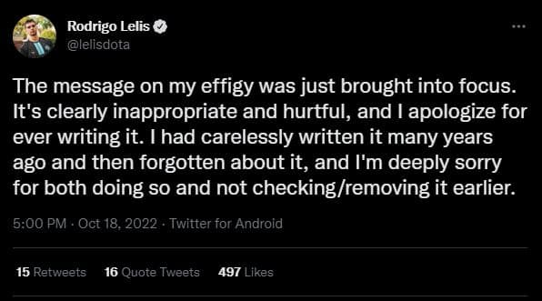 LESLÃO  's apology on <a href="https://twitter.com/lelisdota/status/1582310563530428416?t=bBdh5462_hDT-FddvUJcGw&s=19" target="_blank" rel="noreferrer noopener nofollow">Twitter</a>