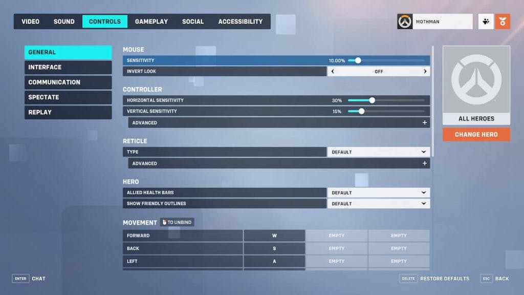 The Overwatch 2 Controls menu (Image via esports.gg)
