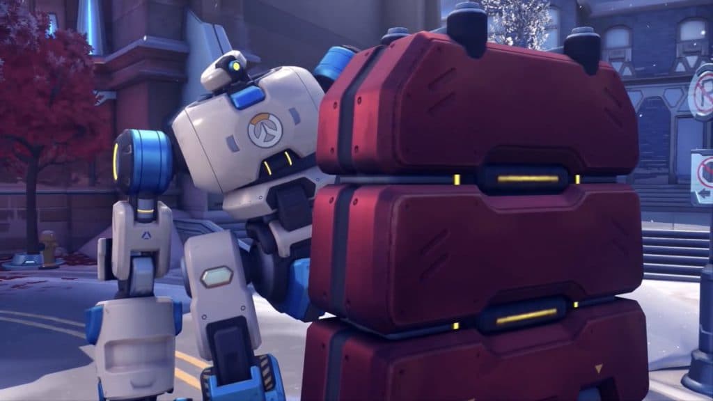 The TS1 Robot peering over the payload in Overwatch 2's Push Mode