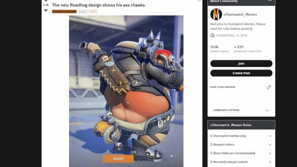 A post filled with disgruntled fans on <a href="https://www.reddit.com/r/Overwatch_Memes/comments/xsvl1l/the_new_roadhog_design_shows_his_ass_cheeks">Reddit</a> (Screenshot via Reddit)