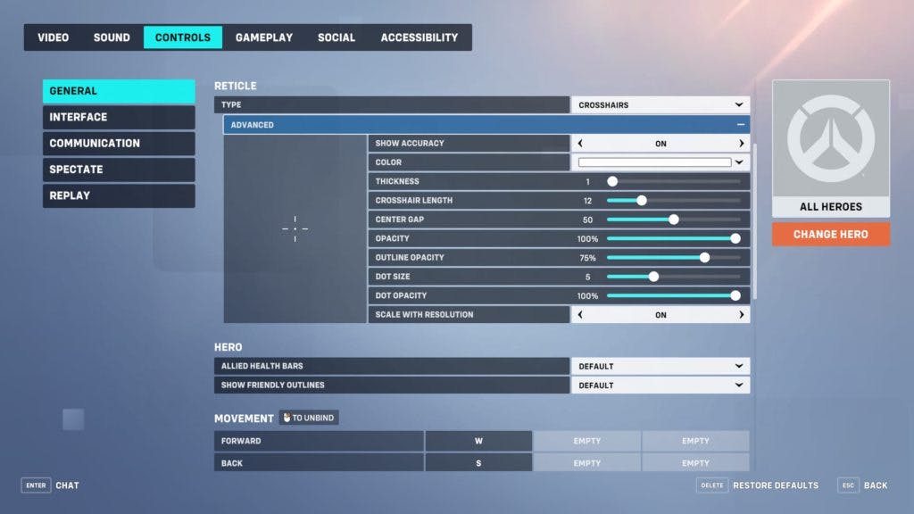These are the best crosshair settings for new players in Overwatch 2 (Image via Esports.gg)