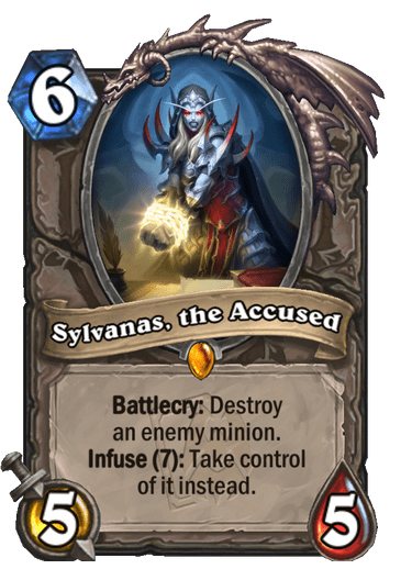 Sylvanas, the Accused - Present in 24.4% of decks <a href="https://hsreplay.net/cards/#rankRange=LEGEND&amp;set=REVENDRETH_MINI_SET&amp;sortBy=includedPopularity" target="_blank" rel="noreferrer noopener nofollow">according to HS Replay</a><br>Image by Blizzard