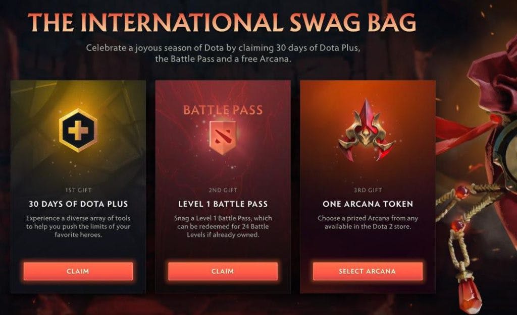 The International Swag Bag list of free gifts (Image via Dota 2 client)