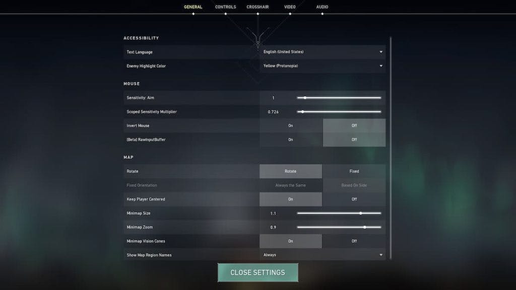 The General tab is where VALORANT sensitivity can be found (Image via esports.gg)