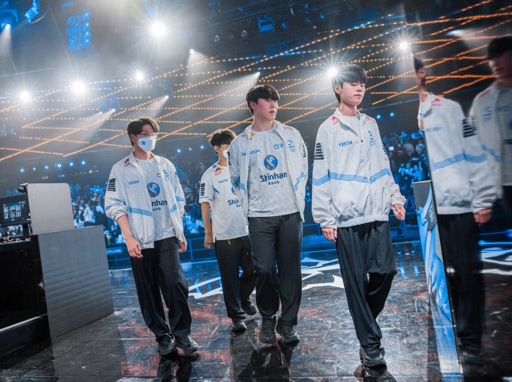 <em>NEW YORK, NEW YORK - OCTOBER 09: DRX is seen walking off stage after their victory against Top Esports at the League of Legends World Championship Groups Stage on October 9, 2022 in New York City. (Photo by Colin Young-Wolff/Riot Games)</em>