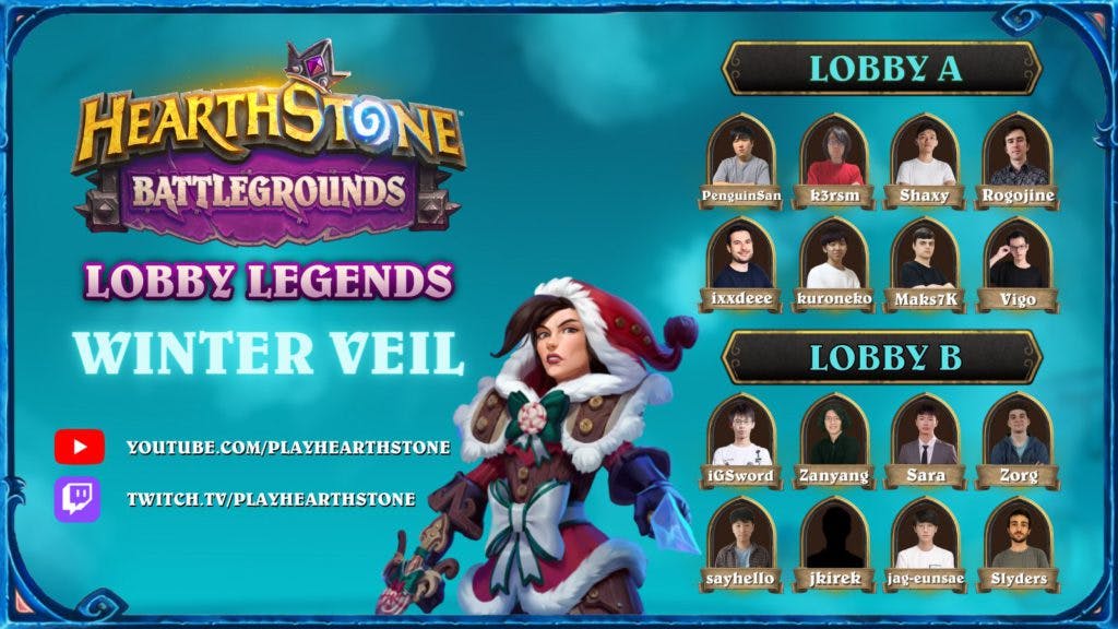 Hearthstone Battlegrounds Lobby Legends Winter Veil players. Image via Blizzard Entertainment.