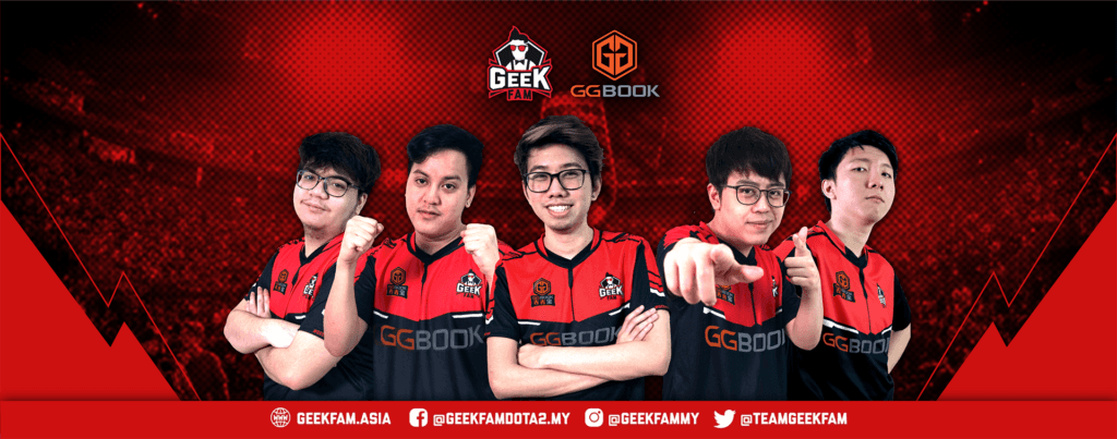 Geek Fam's final roster before disbanding (Image via official Geek Fam <a href="https://geekfam.asia/geekfam-dota2-announces-partnership-with-ggbook/" target="_blank" rel="noreferrer noopener nofollow">website</a>)