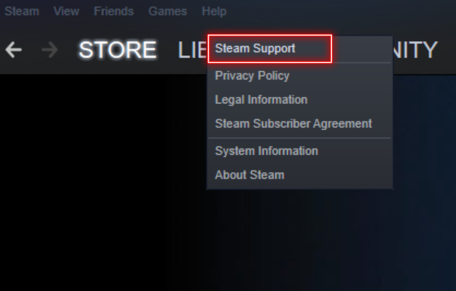 Step one: Press "Steam Support"