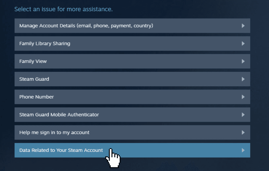 Step three: Press "Data Related to Your Steam Account"