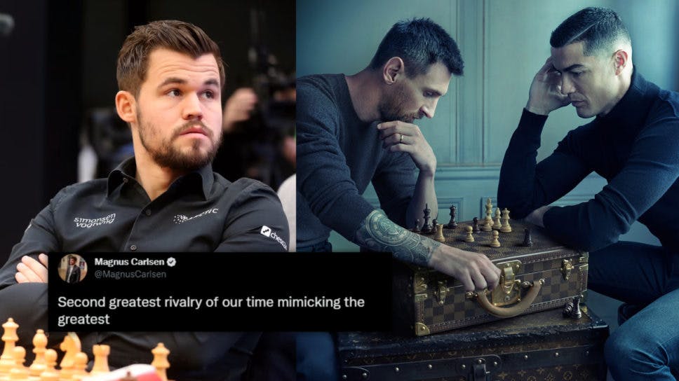 Magnus Carlsen reacts to Messi and Ronaldo’s internet-breaking photo that portrays familiar chess position cover image