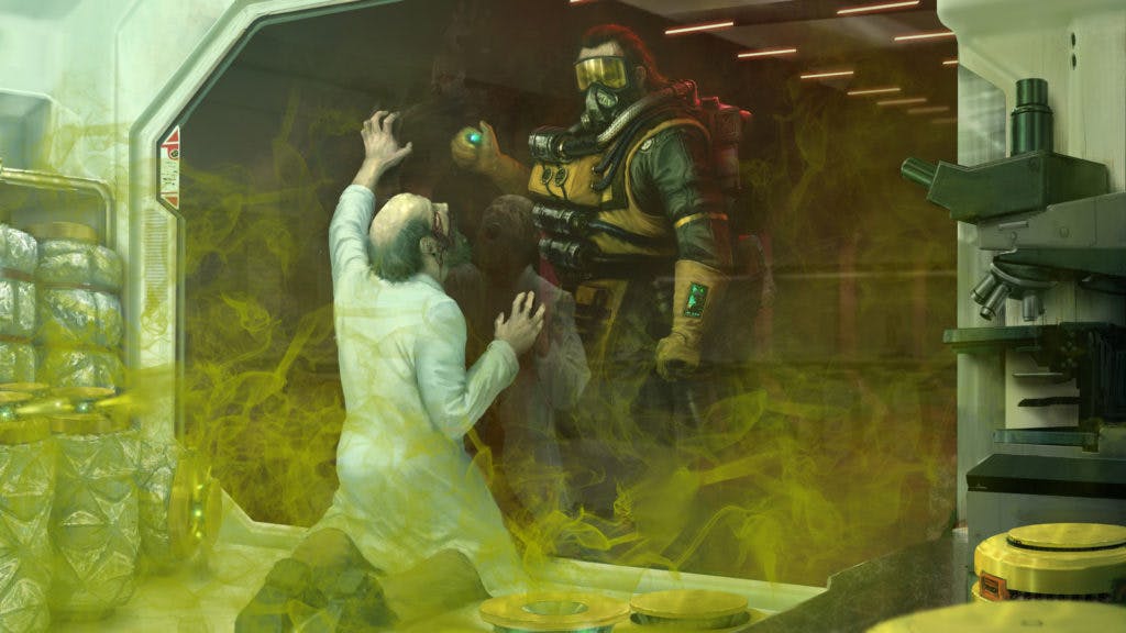 Apex Legends Concept art of Caustic testing gas on one of his many subjects