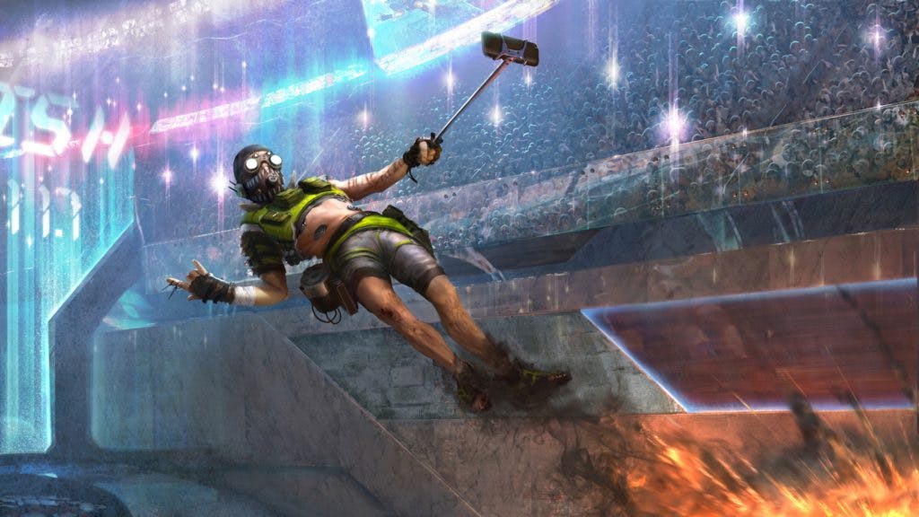 Apex Legends Adrenaline junkie Octane taking a selfie while blowing his legs off
