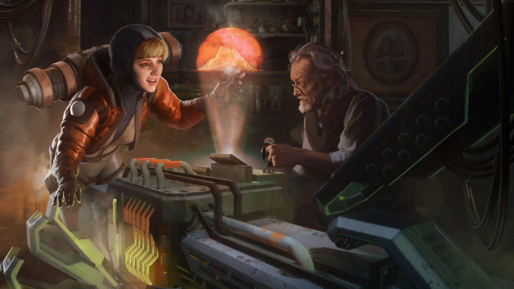 Concept art of Wattson working on the Ring with her father