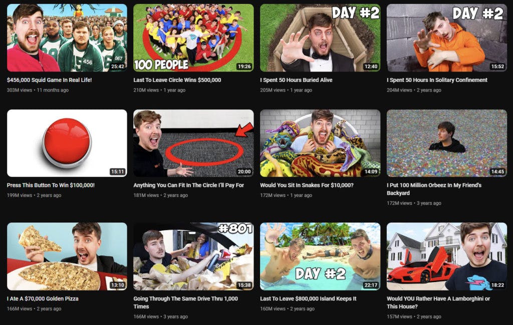 MrBeast's most popular YouTube videos.