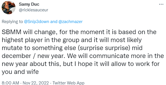 Sammy Duc, Technical Director for Apex Legends promised upcoming changes to SBMM