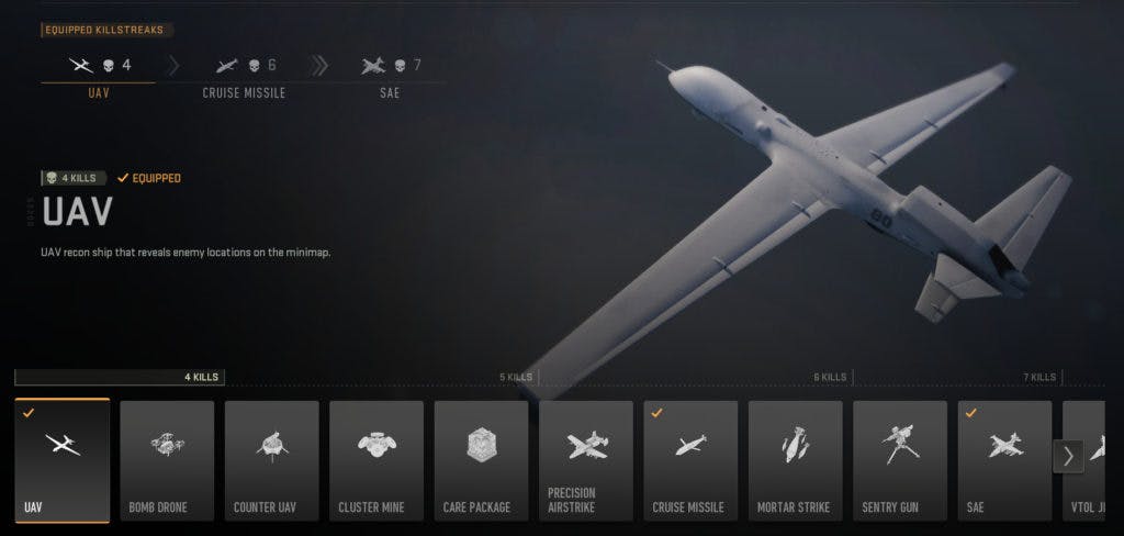The Call of Duty MW2 killstreak selection screen. Image via Activision.