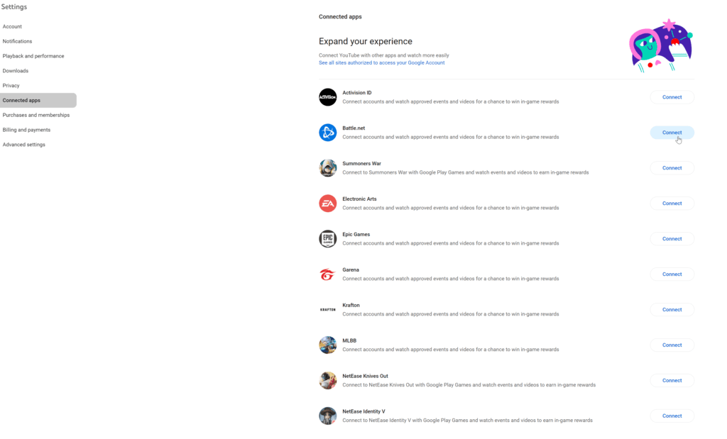 The connected apps page lists out all possible connections for your YouTube account. Select Battle.Net from here.