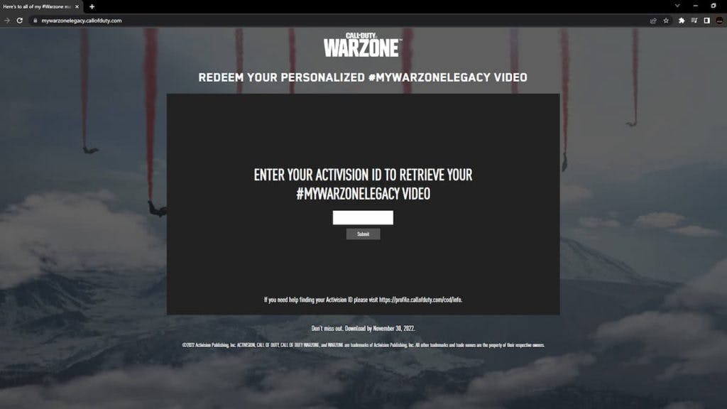 You can enter your Activision ID to see your very own Warzone Legacy video (Screenshot via Esports.gg)