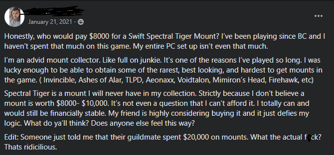 <em>A player on the World of Warcraft Facebook group bemoans the WoW TCG loot cards.</em>